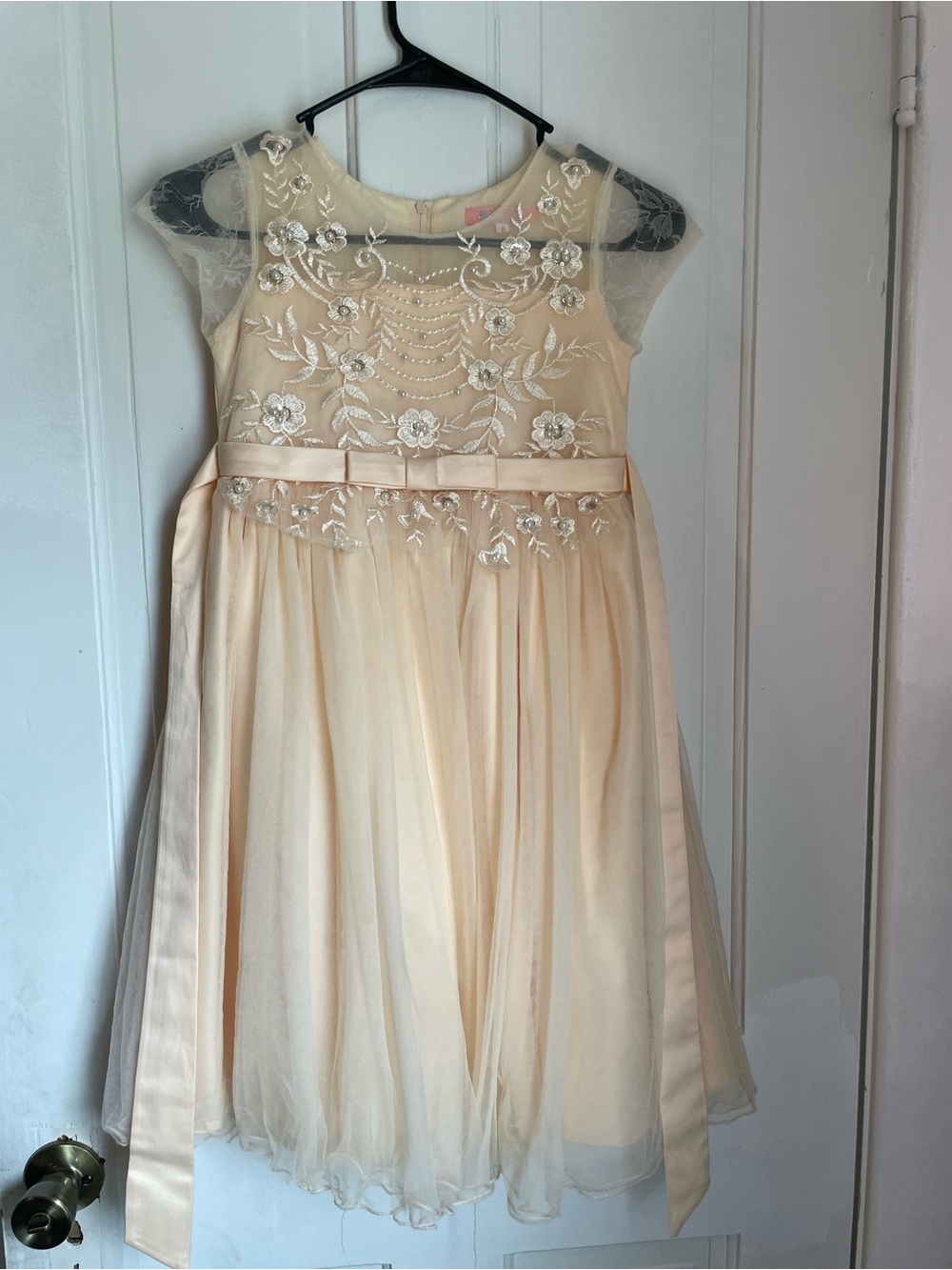 Girls' Cream Floral Embroidered Formal Dress with Satin Bow Size 8
